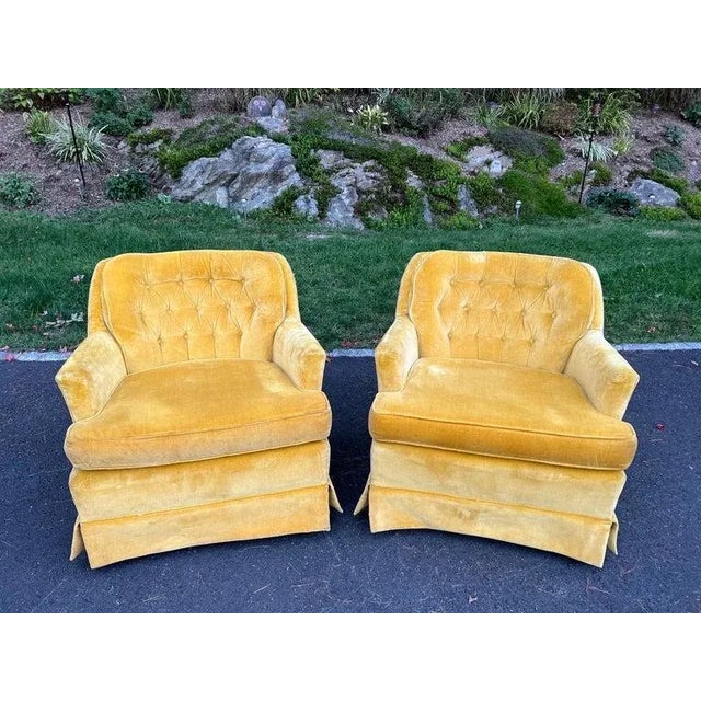 Pair of Mustard Yellow velvet club chairs. Made by Arcadian Furniture out of Conover, North Carolina . Which has been in...