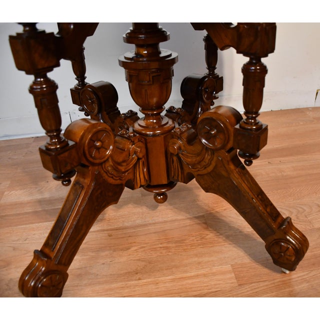 1880s Antique Victorian Renaissance Revival Walnut & Marble Top Center Table For Sale - Image 14 of 18