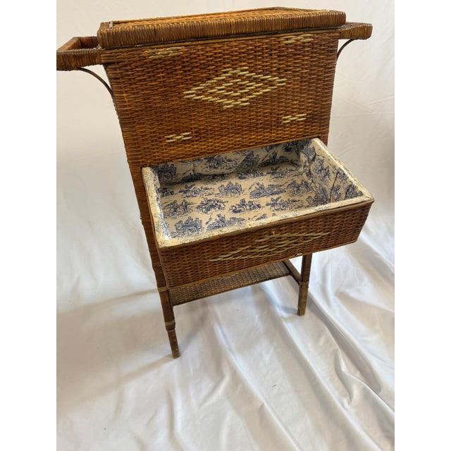Antique Victorian Wicker Rattan Sewing Stand | Lift-Top Toile Lined, Two Drawers | Edwardian Work Table, 31in For Sale - Image 16 of 18