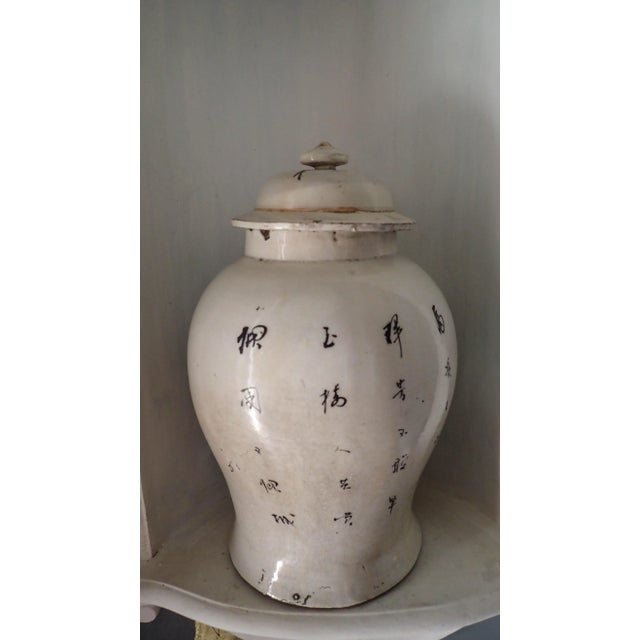 Asian Ginger Jar w/Lid and Calligraphy and Bird Decorations. Good condition with some lid damage. Pale Oatmeal Color