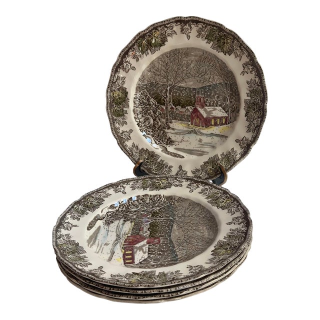 Vintage 1950s Johnson Bros England "The Ice House" 9.75" Diameter Dinner Plates - Set of 5 For Sale