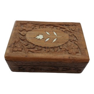 Vintage Mid Century Wood Trinket Box Catch All Farmhouse Brown Mother of Pearl Floral For Sale
