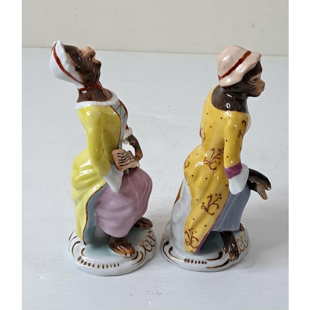 1980s Chelsea House Porcelain Monkey Band Singer Figurines, Pair, Meissen Style Rococo Musicians For Sale In West Palm - Image 6 of 14