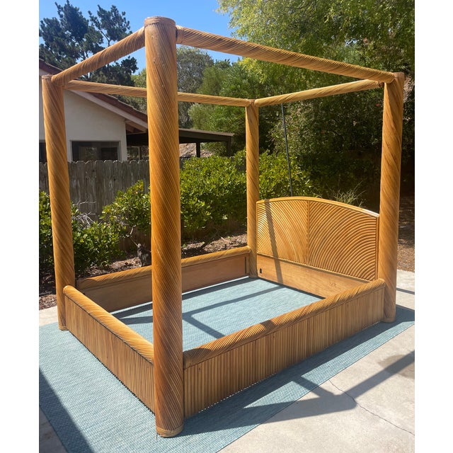 Hollywood Regency Monumental Vintage Pencil Reed Rattan Canopy Bed, Queen Size For Sale - Image 3 of 12