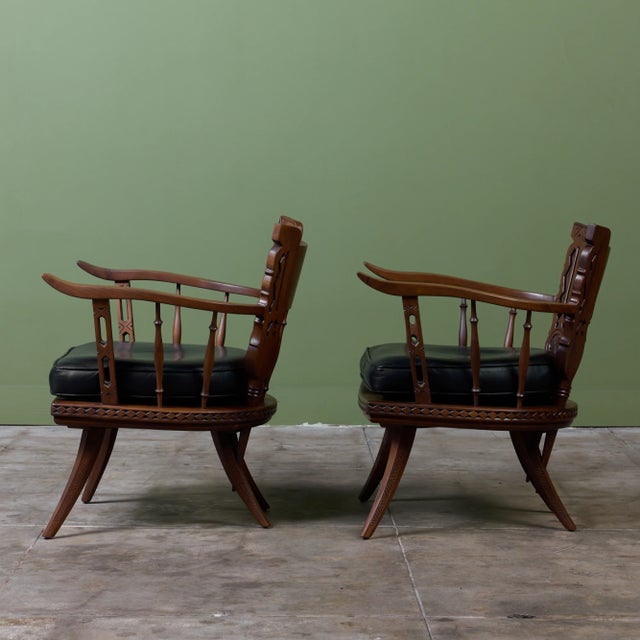 Pair of Carved Walnut Lounge Chairs in the Style of Ettore Zaccari For Sale In Los Angeles - Image 6 of 16