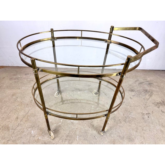 Metal Mid 20th Century Modern / Hollywood Regency Brass Two-Tier Oval Bar Cart / Tea Cart For Sale - Image 7 of 12