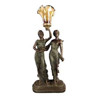 Late 20th Century 2 Maidens Sculpture Table Lamp With Todd Phillips Glass Shade For Sale