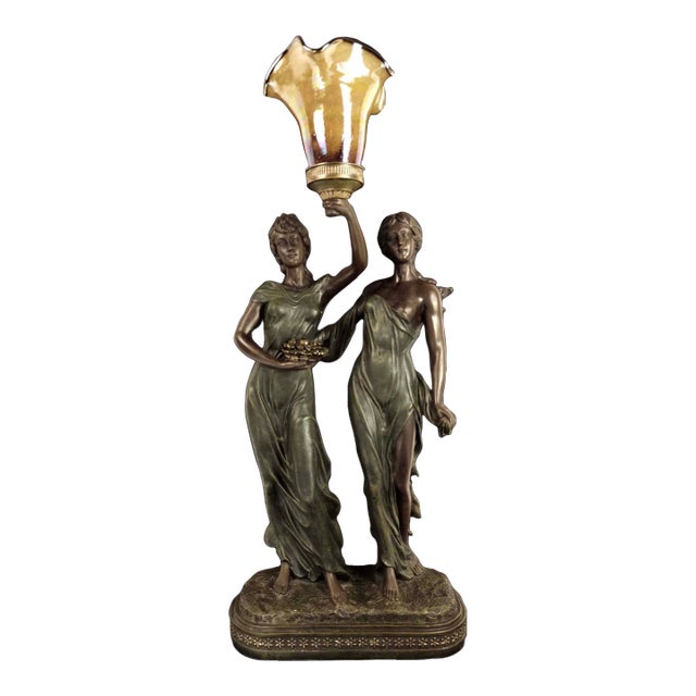 Late 20th Century 2 Maidens Sculpture Table Lamp With Todd Phillips Glass Shade For Sale