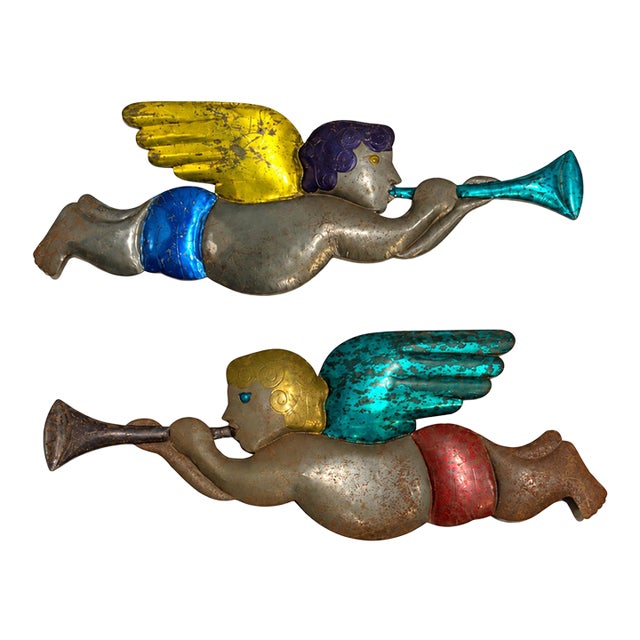 Vintage Painted Tin Trumpeting Angels in Mexican Folk Art Style — Pair For Sale