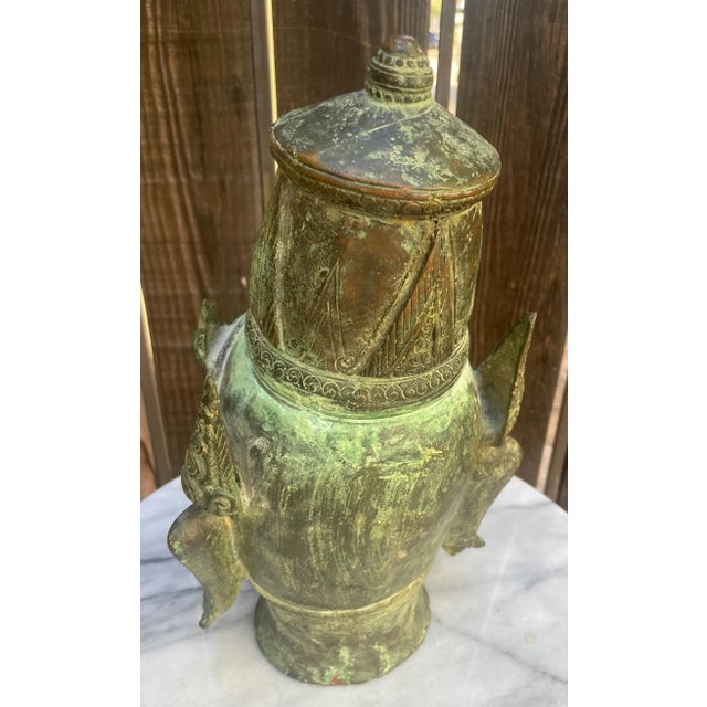 Traditional 100-Year-Old Antique Thai Buddha Head Cast Metal Sculpture With Verdigris Patina For Sale - Image 3 of 9