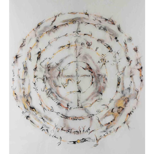 China ink, acrylic, and mixed media on textile. A striking large-format textile work by Parimah Avani, composed around a...