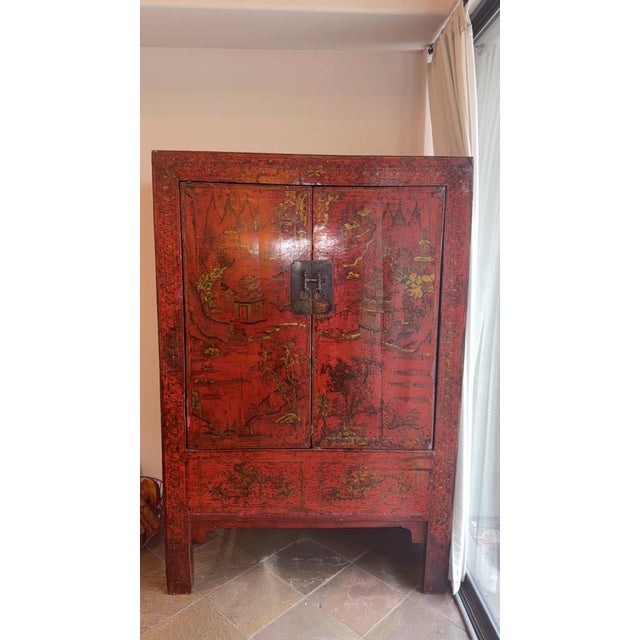 Late 19th Century Red Antique Chinese Chinoiserie Style Wedding Cabinet For Sale - Image 11 of 12