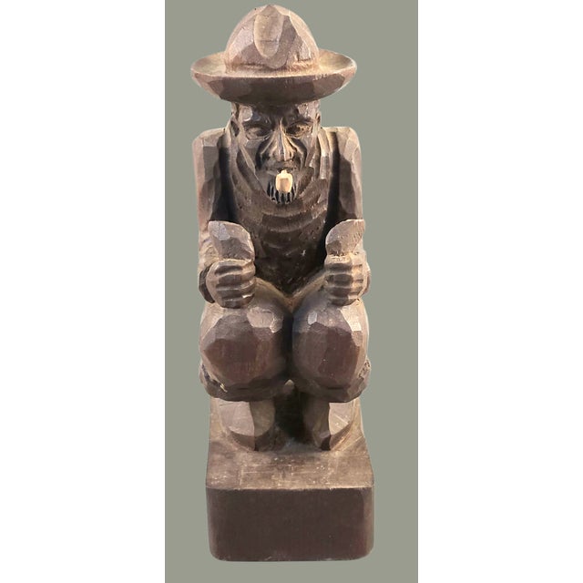 Folk Art Vintage Folk Art Wood Carving Brazil "Man With Pipe" Marked For Sale - Image 3 of 12