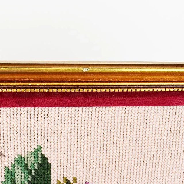 Square Pink and Gold Framed Embroidered Needlepoint Floral and Peacock Wall Hanging For Sale - Image 9 of 12