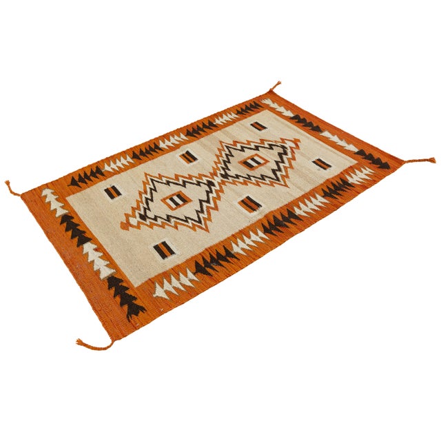 Mid-Century Modern Navajo Style Terracotta and Cream Wool Flatweave Area Rug For Sale - Image 4 of 8