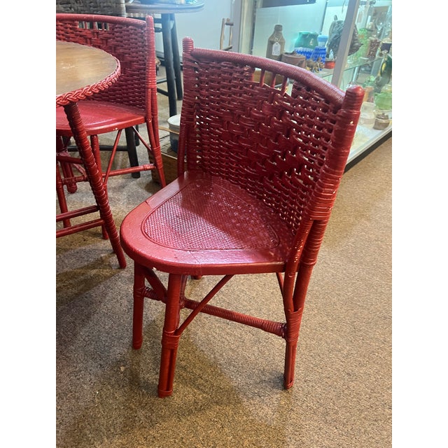 Wood 1950s Heywood Wakefield Petite Round Red Dining Wicker Set For Sale - Image 7 of 8
