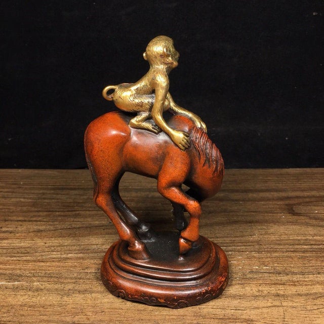 Late 20th Century Gilt Bronze Monkey on Horse Figure - "Immediate Marquis" Statue For Sale - Image 5 of 7
