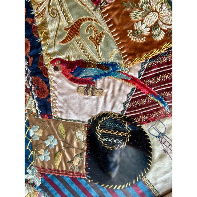 19th C Victorian Style Textile - Framed Crazy Quilt Panels With Embroidery For Sale - Image 4 of 8