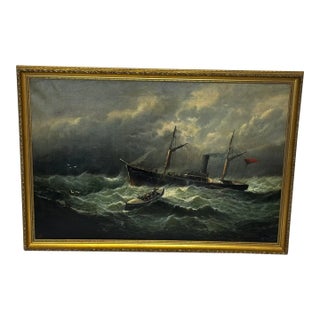 Dramatic Victorian Seascape Oil Painting Sealer Whaler Steam Ship of Dundee Floundering Sinking Rlni Lifeboat Rescue Attributed William Broome. For Sale
