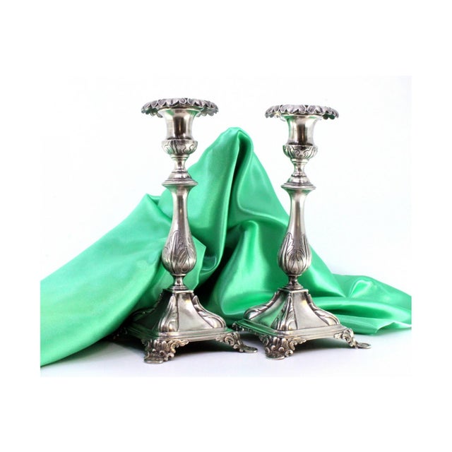 Silver Candlesticks with with Acanthus Leaves Embossed Shaft and Flattened Feet with Reliefs, Set of 2 For Sale - Image 4 of 10