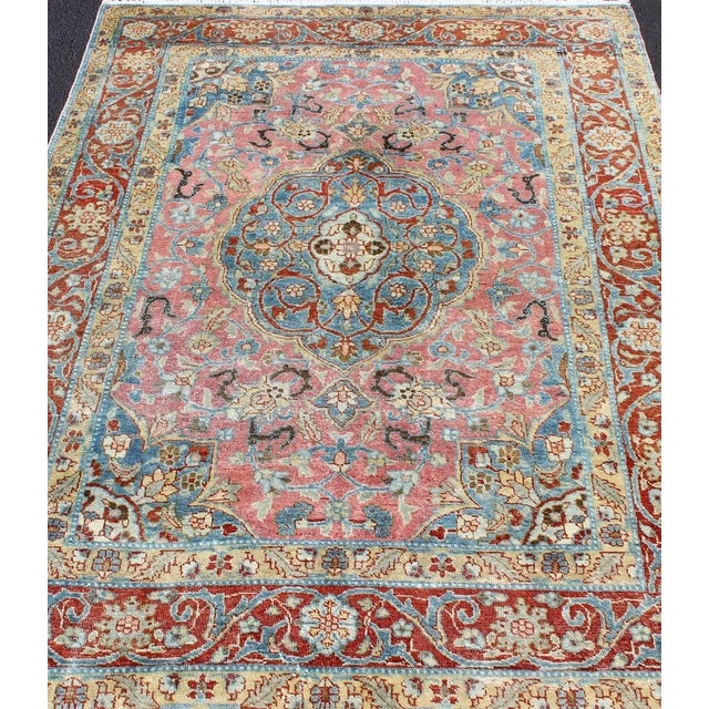 Antique Persian Tabriz Rug With Medallion in Soft Rose, Sky Blue, and Rust Red 4'7"x6'4" For Sale In Atlanta - Image 6 of 8