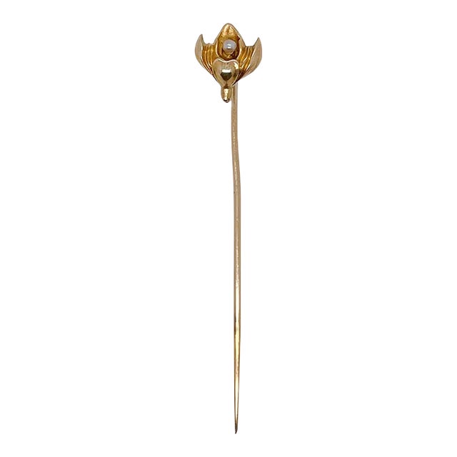 Vintage Late Victorian 10 Karat Gold & Seed Pearl Stick Pin For Sale