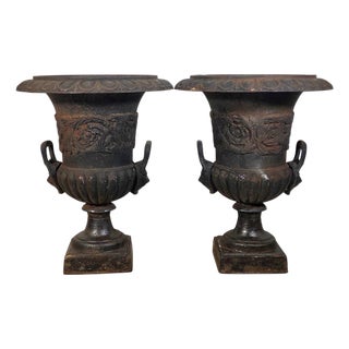 Pair of Antique French Cast Iron Campana Garden Urns With Lion Mask Handles 24" For Sale