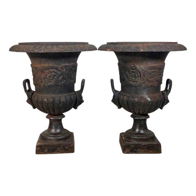 Pair of Antique French Cast Iron Campana Garden Urns With Lion Mask Handles 24" For Sale