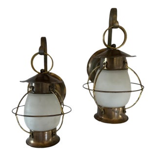 Mid 20th Century Brass Hanging Outdoor Lantern Wall Sconces, A Pair For Sale