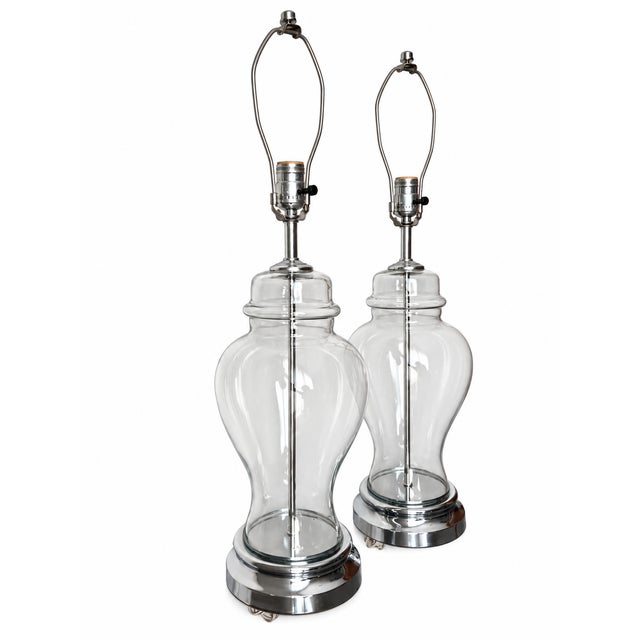 Late 20th Century Clear Glass Baluster Table Lamps With Chrome-Tone Bases - Pair For Sale - Image 4 of 14
