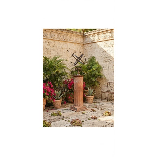 Neoclassical Wrought Iron Armillary Sphere Sundial on Fluted Terracotta Pedestal For Sale In West Palm - Image 6 of 12