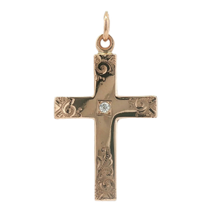 Late 19th Century Victorian 9k Rose Gold Engraved Cross With a Center Diamond