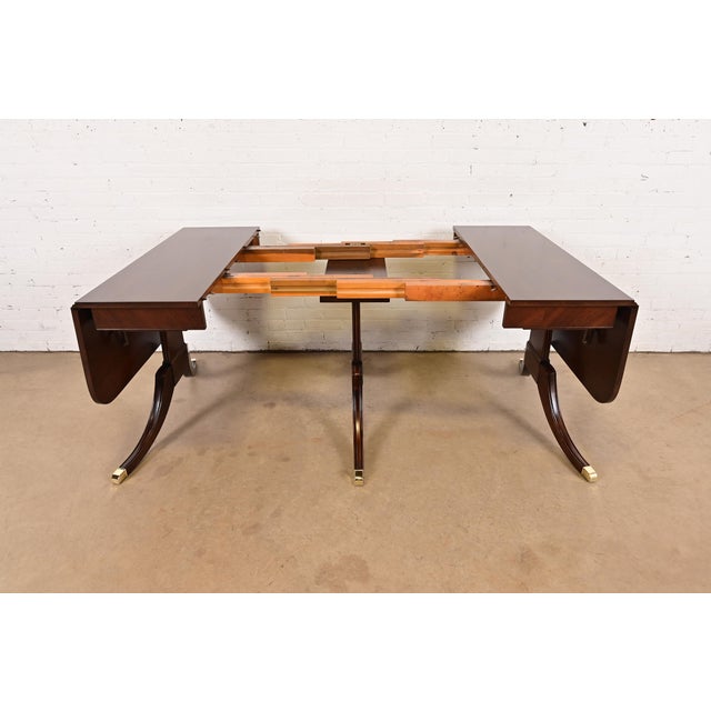 Drexel Regency Carved Mahogany Drop-Leaf Triple Pedestal Extension Dining Table, Newly Refinished For Sale - Image 10 of 17