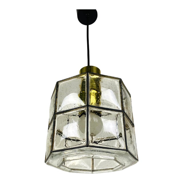 1960s Mid-Century Iron and Bubble Glass Pendant Lamp by Glashütte Limburg For Sale