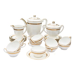 Tea Set for 12, Limoges Porcelain, Gold Rim, Classic Greek Key Pattern (27 Pieces), 1930s, Set of 27 For Sale