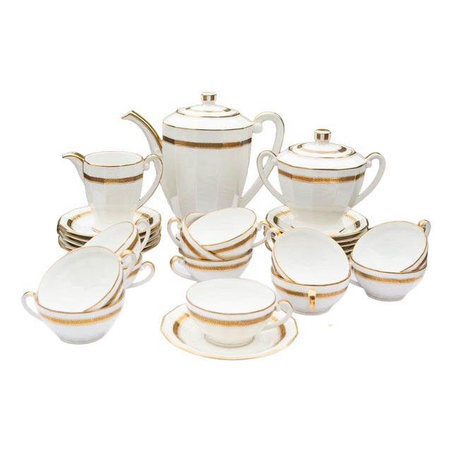 Tea Set for 12, Limoges Porcelain, Gold Rim, Classic Greek Key Pattern (27 Pieces), 1930s, Set of 27 For Sale