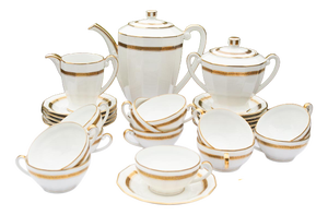 Tea Set for 12, Limoges Porcelain, Gold Rim, Classic Greek Key Pattern (27 Pieces), 1930s, Set of 27