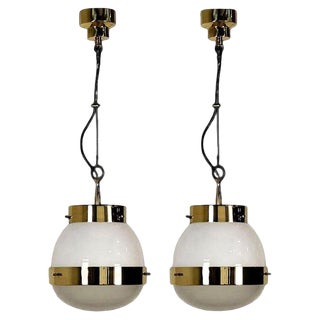 Delta Grande Pendant Light in Glass & Brass attributed to Sergio Mazza for Artemide, 1960s, Set of 2 For Sale