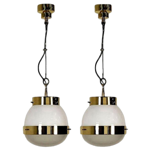 Delta Grande Pendant Light in Glass & Brass attributed to Sergio Mazza for Artemide, 1960s, Set of 2