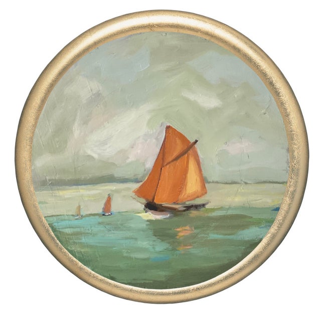 An elegant oil painting of a lone sailboat cutting across the open sea, this piece blends timeless maritime romance with...