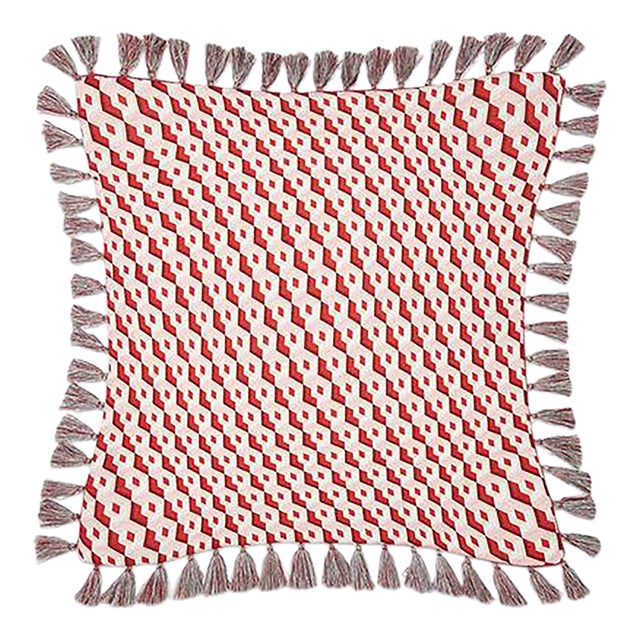 Cubi Rosso in Shot Cotton Cushion With Fringes For Sale