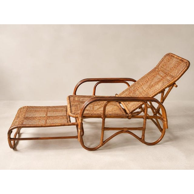 Mid-Century Adjustable Rattan Chaise Lounge with Retractable Footrest, Japan For Sale - Image 4 of 14