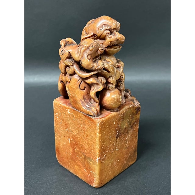 Vintage Large Chinese Art Carved Soapstone Seal With Foo Dog Sculpture For Sale - Image 9 of 11