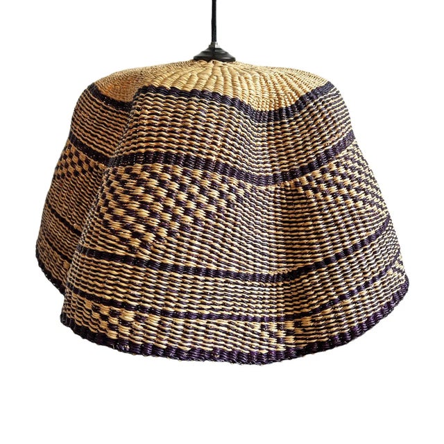 Navy & Natural Bolga Wave Basket Pendant Light For Sale - Image 4 of 5