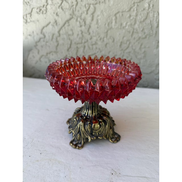 Vintage 1973 Brass Footed Ruby Red Diamond Cut Glass Compote Dish For Sale - Image 4 of 12