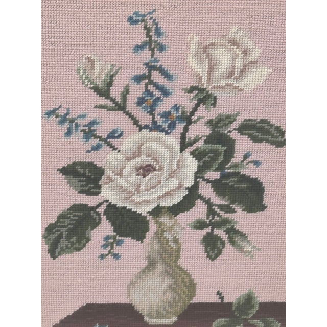 Vintage Hand-Stitched Floral Bouquet in Vase Framed Needlepoint Panel For Sale - Image 4 of 7