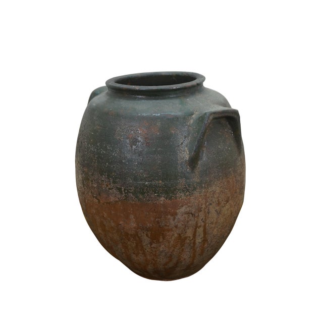 Antique Eastern European stoneware pottery vase / pot / crock with two molded handles, glazed in a two-tone of green and...