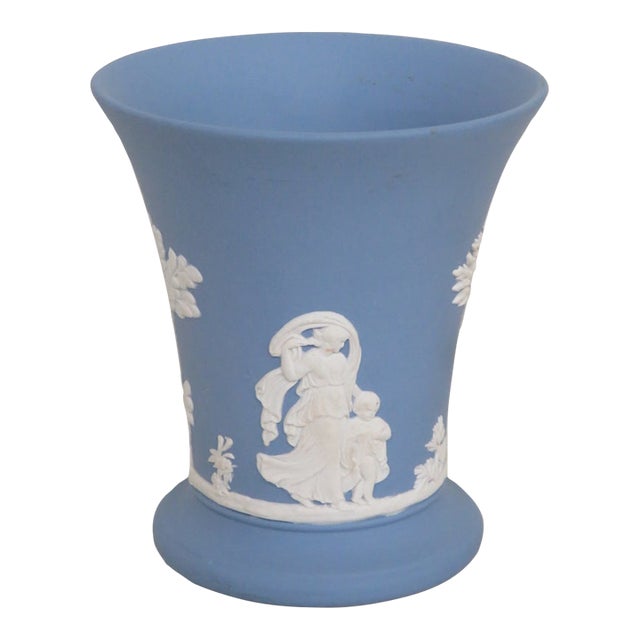 Wedgwood Blue Jasperware Grecian Women and Cherubs Trumpet Vase Posy Pot 4379b For Sale