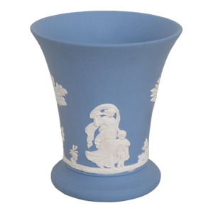 Wedgwood Blue Jasperware Grecian Women and Cherubs Trumpet Vase Posy Pot 4379b