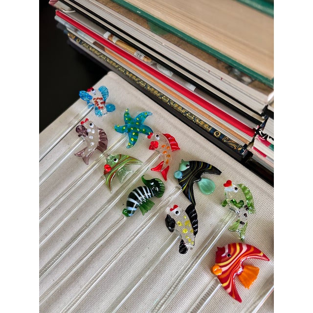 1980s Vintage Hand-Blown Glass Tropical Fish Cocktail Stirrers, Set of 16 For Sale - Image 5 of 11